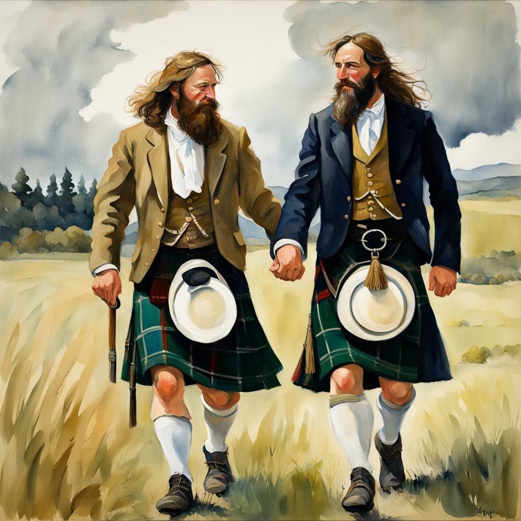 Two Men in Kilts Holding Hands, Gouache Style