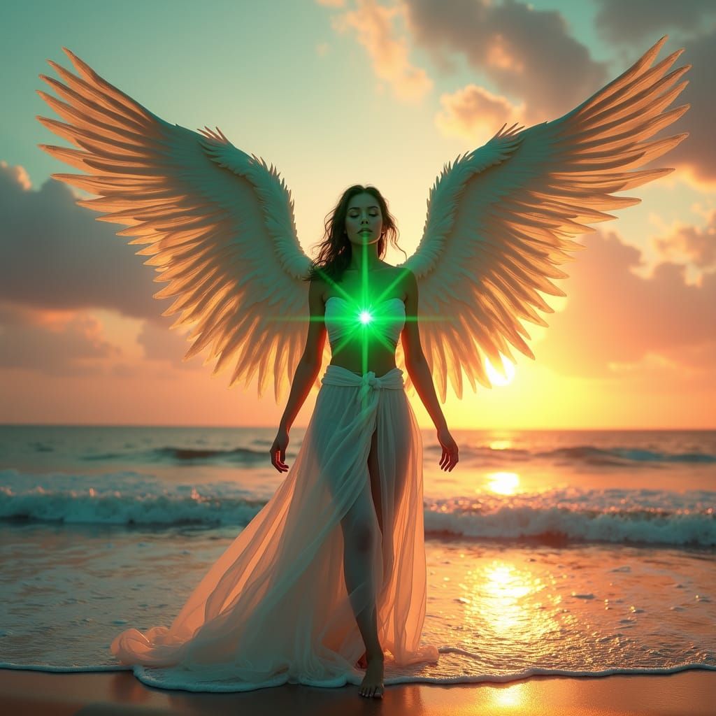 Archangel Radiating Green Chakra at Colorful Sunrise