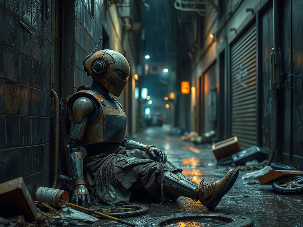 Worn Robot in Rainy Alley, Cyberpunk Style