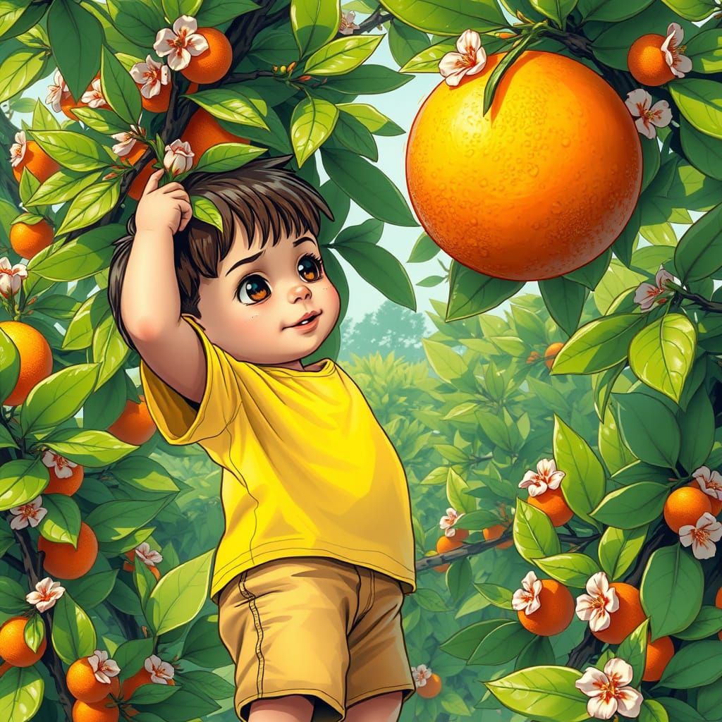 Boy Picking Orange in Comic Book Style