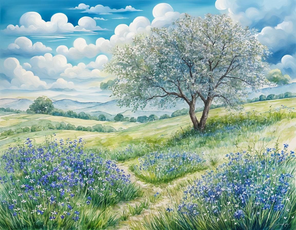 Serene Blue Meadow with Flowering Tree in Watercolor