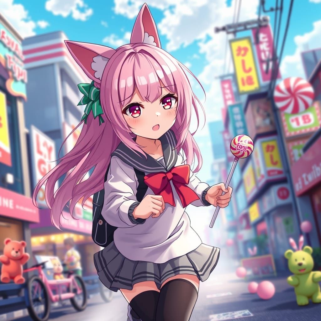 Anime Girl with Cat Ears in Candy Cityscape