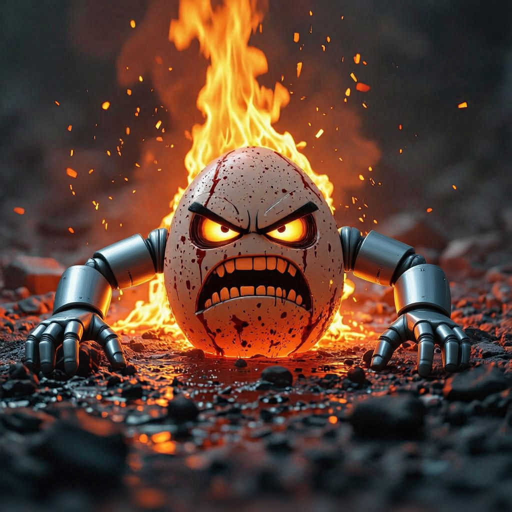 Angry Egg Terminator Sinks Into Molten Metal