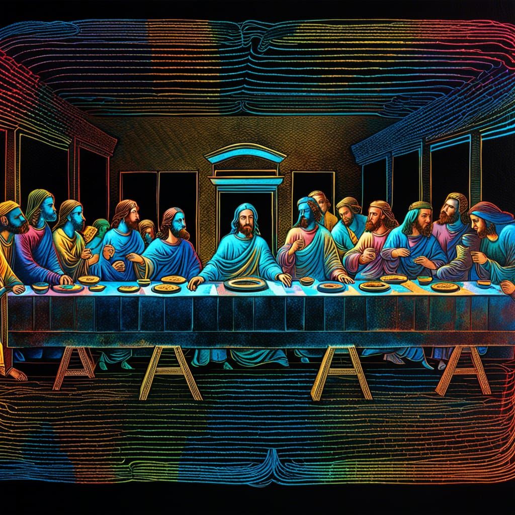 Biometric Hologram: The Last Supper in Scratchboard Style