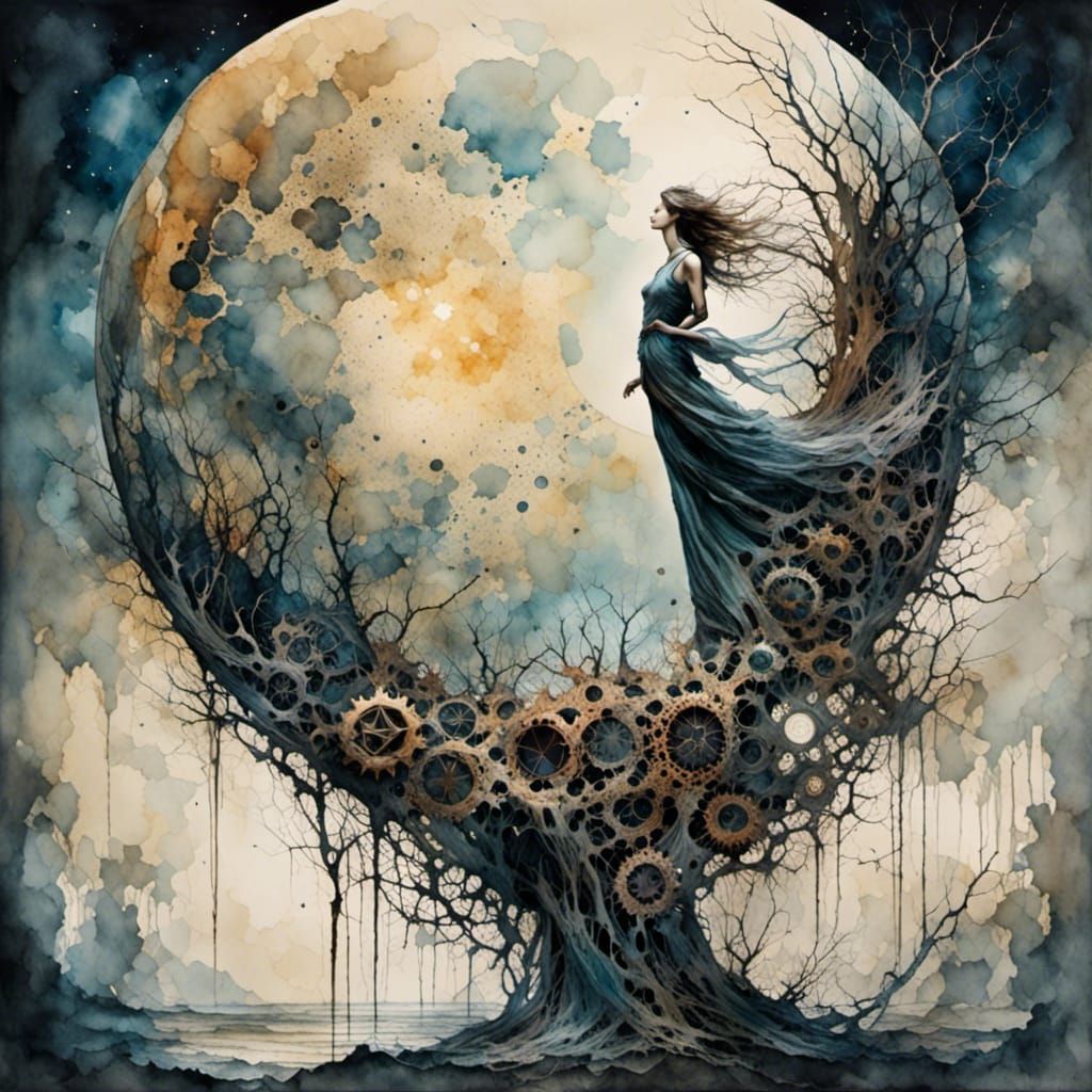 Cogwheel Moon: A Vintage Watercolor Dream