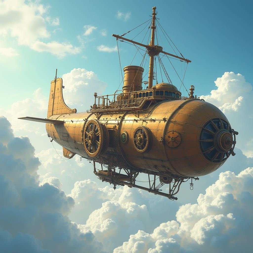 Steampunk Airship Soars Through Whimsical Clouds