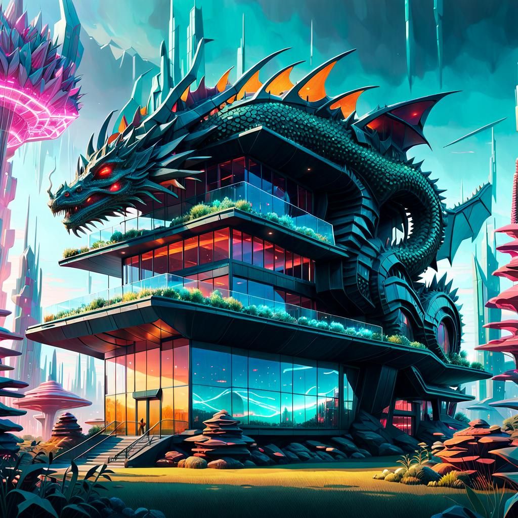 Futuristic Dragon Building Complex with Bioluminescent Accen...