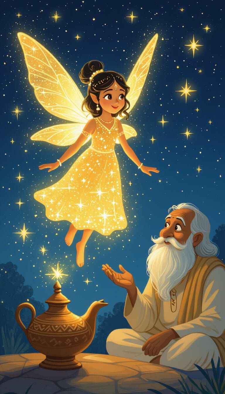 Fairy Emerges from Lamp, Watched by Wise Grandfather