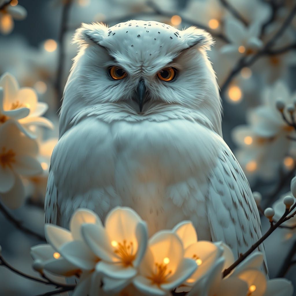 Regal Snow-White Owl in a Tapestry of Pale Blooms