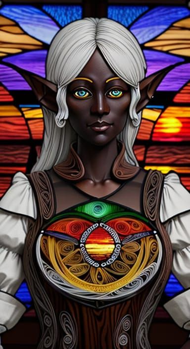 Symmetrical Sunset Stained Glass Drow Elf in Woodgrain Quill...