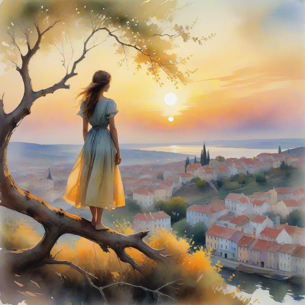Girl Gazes at Town at Sunset in Expressive Watercolor Style