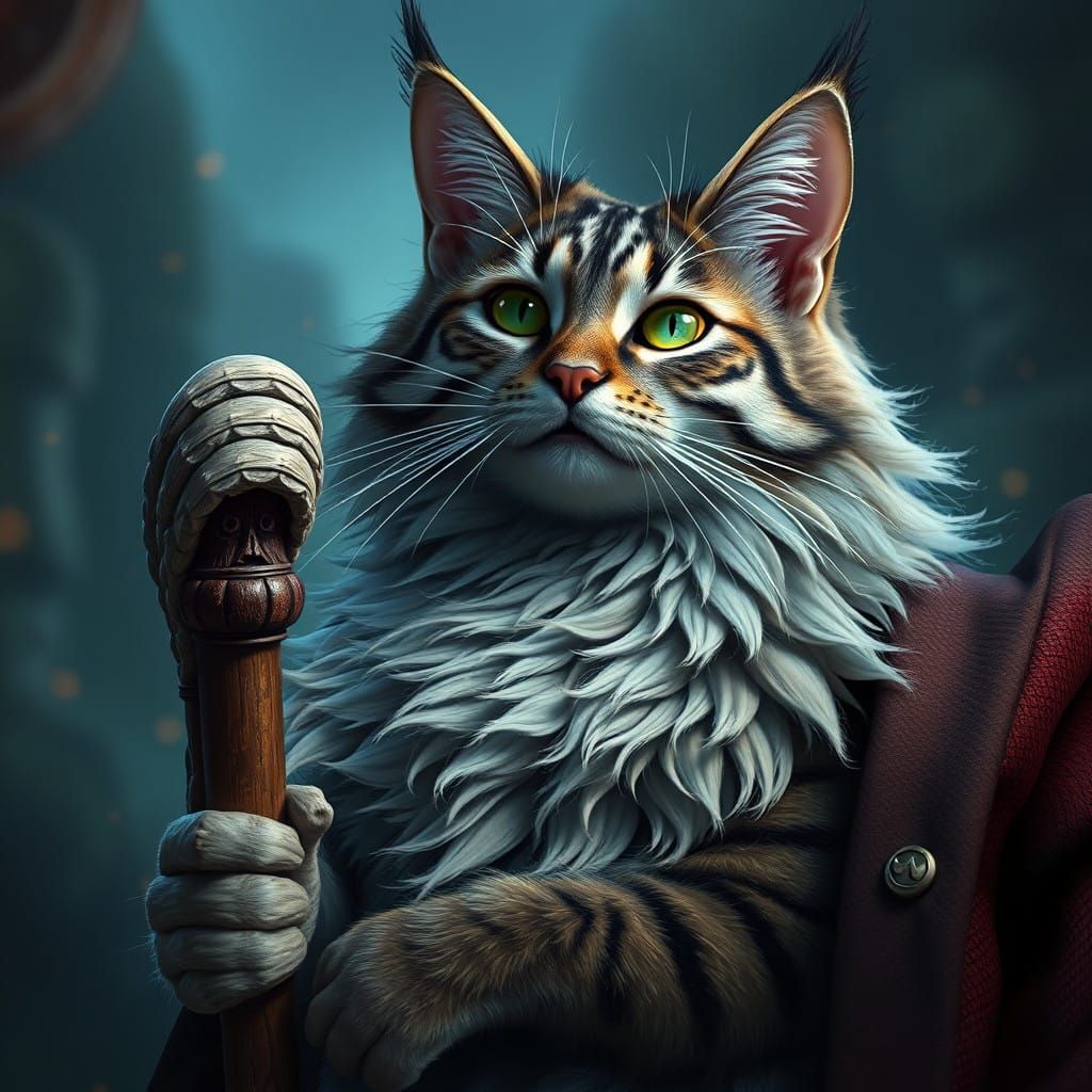 Whimsical Cat Meets Sage Grandfather in Fantastical Realm