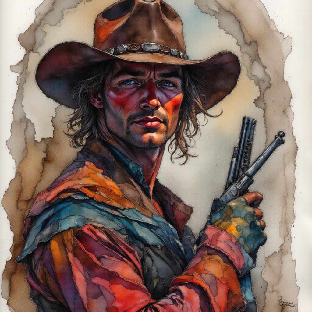 Cowboy Alcohol Ink Sketch in Tenebrism Style