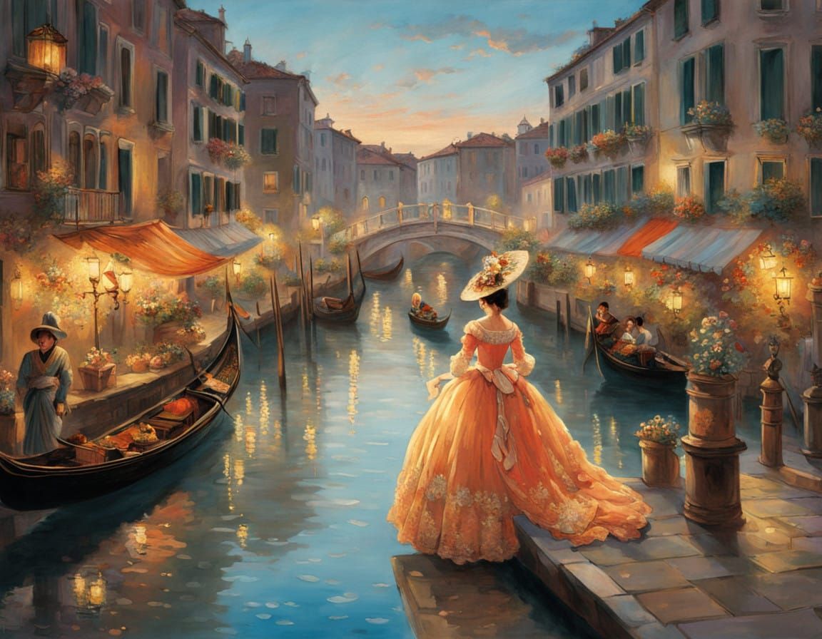 Lavish Venetian Ball Gown by a Serene Canal with Majestic Go...