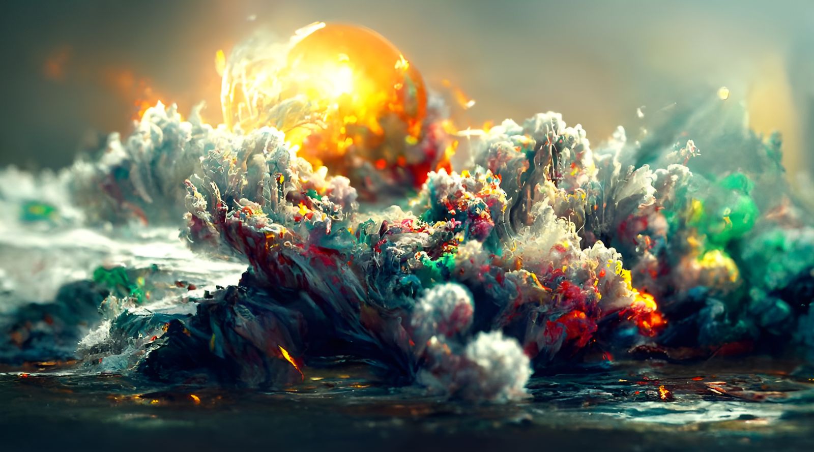 Explosive Ocean Shore Painting in Hyperrealism