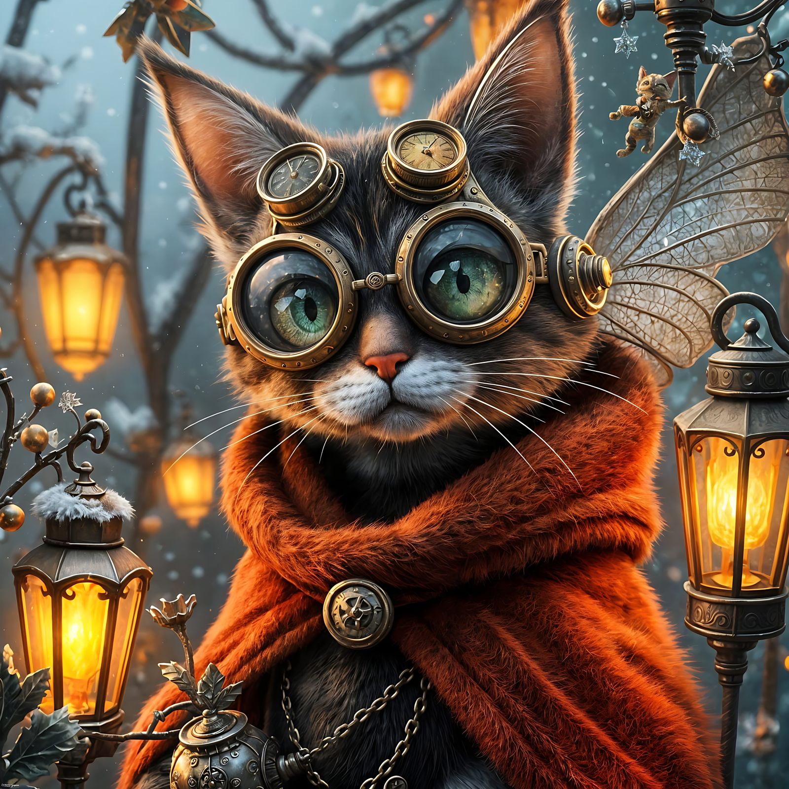 Steampunk Feline Fairy in Whimsical Christmas Scene