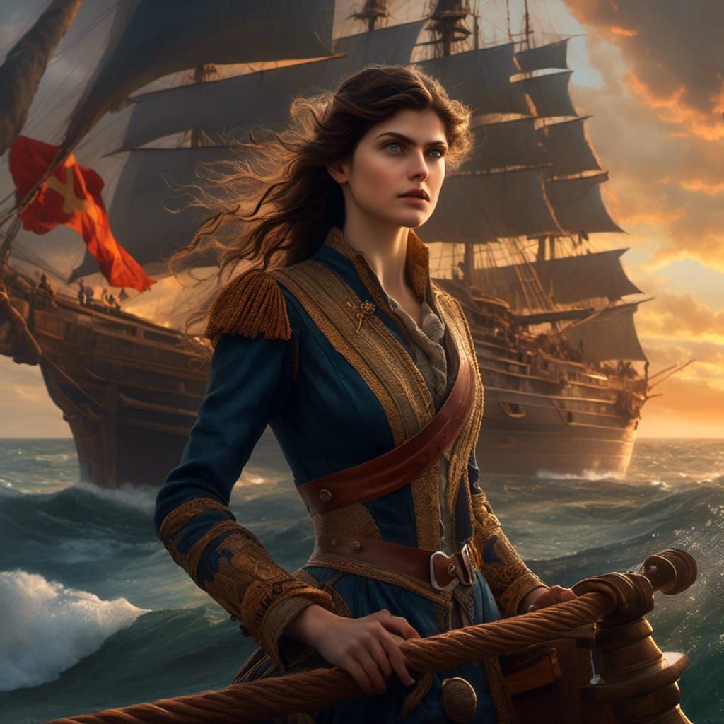 Hyperrealistic Woman Captains Ship at Sunset