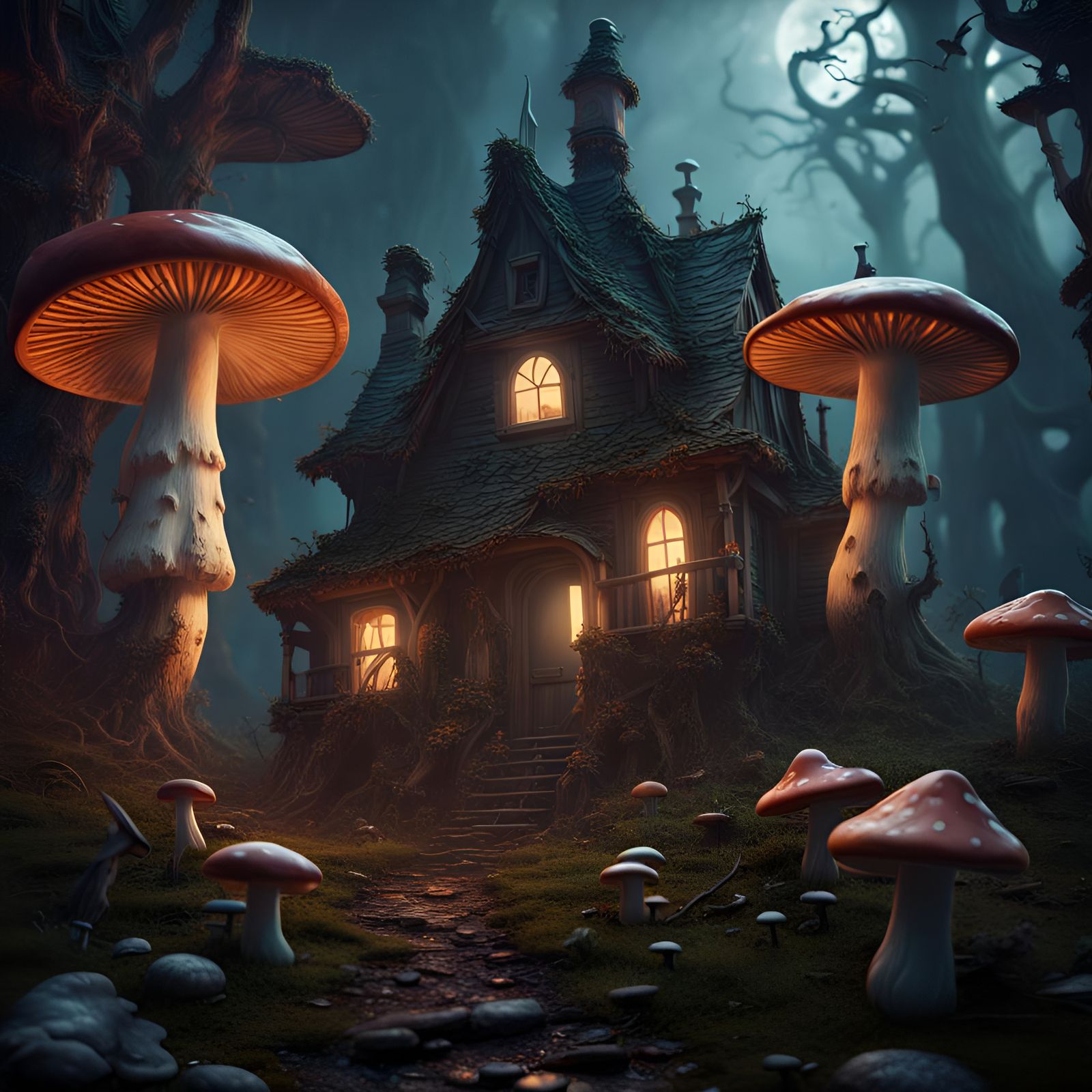 Haunted Mushroom Forest with Witch in Fantasy Art