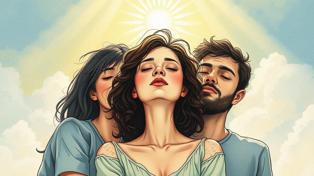 Young Woman Surrounded by Family in Ethereal Illustration
