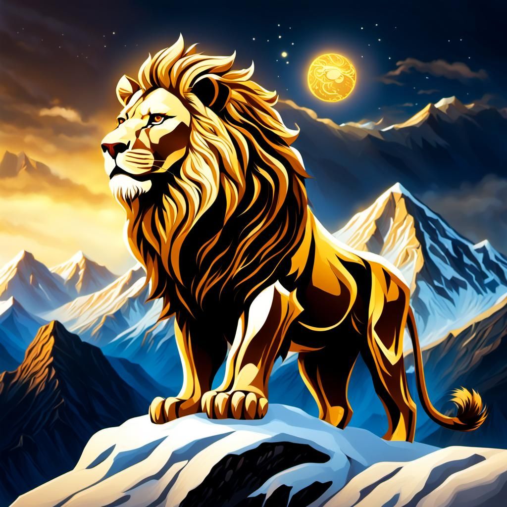 Golden Lion Overlooking Snow Mountains