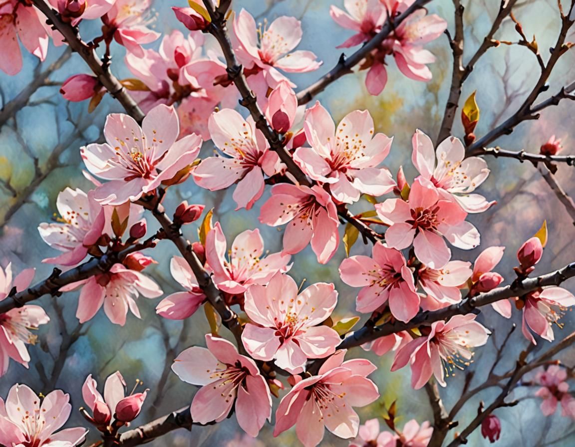 Impressionist Watercolor Cherry Blossoms in Bloom