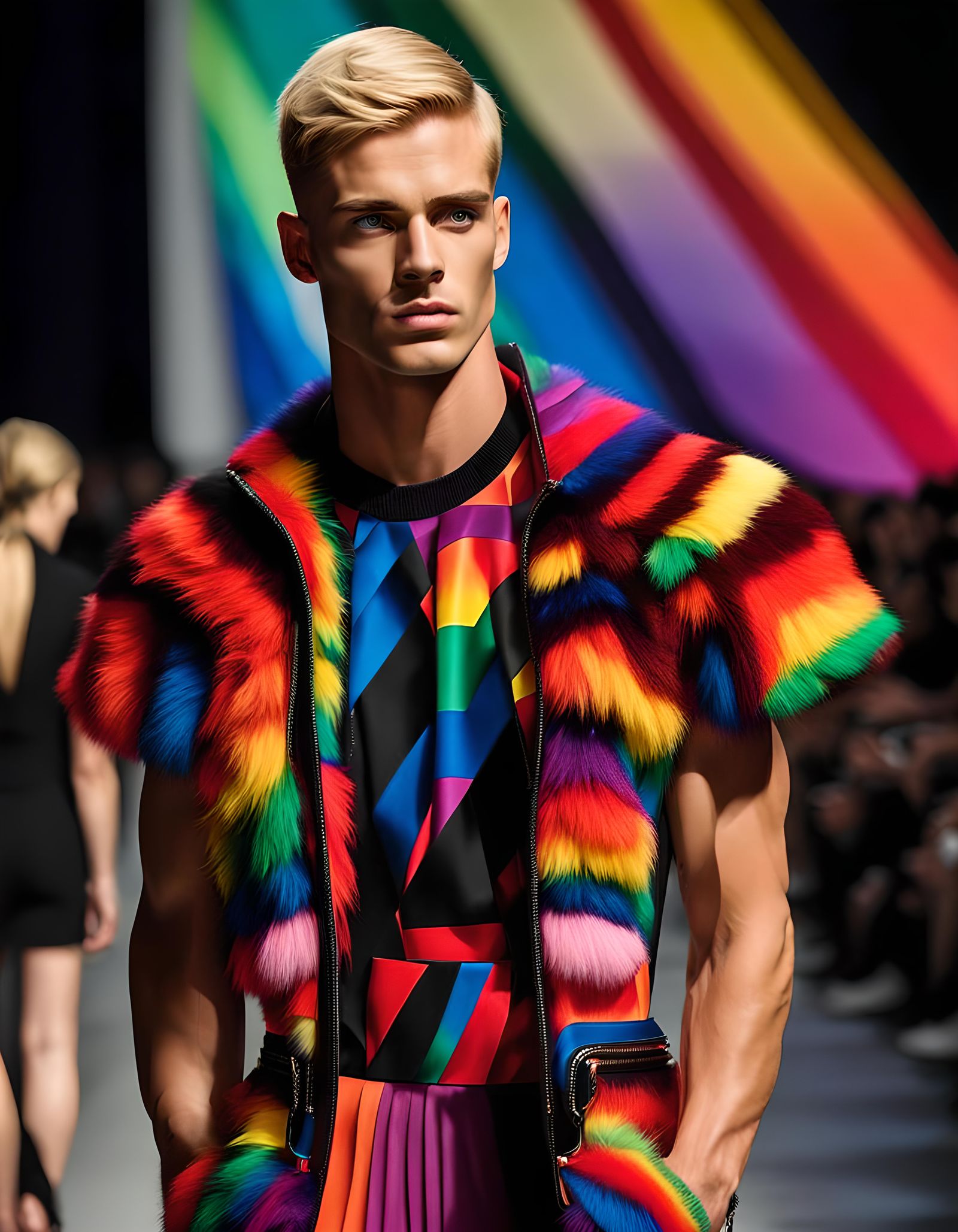 Handsome Model in Rainbow Dress on Paris Catwalk