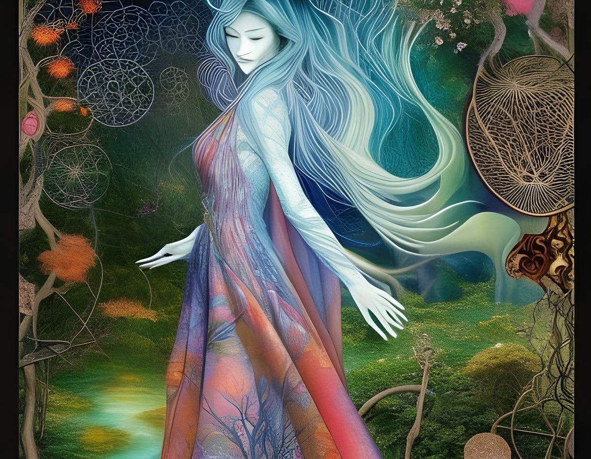 Sunset Wizard Woman in Vines Network, Collage Art