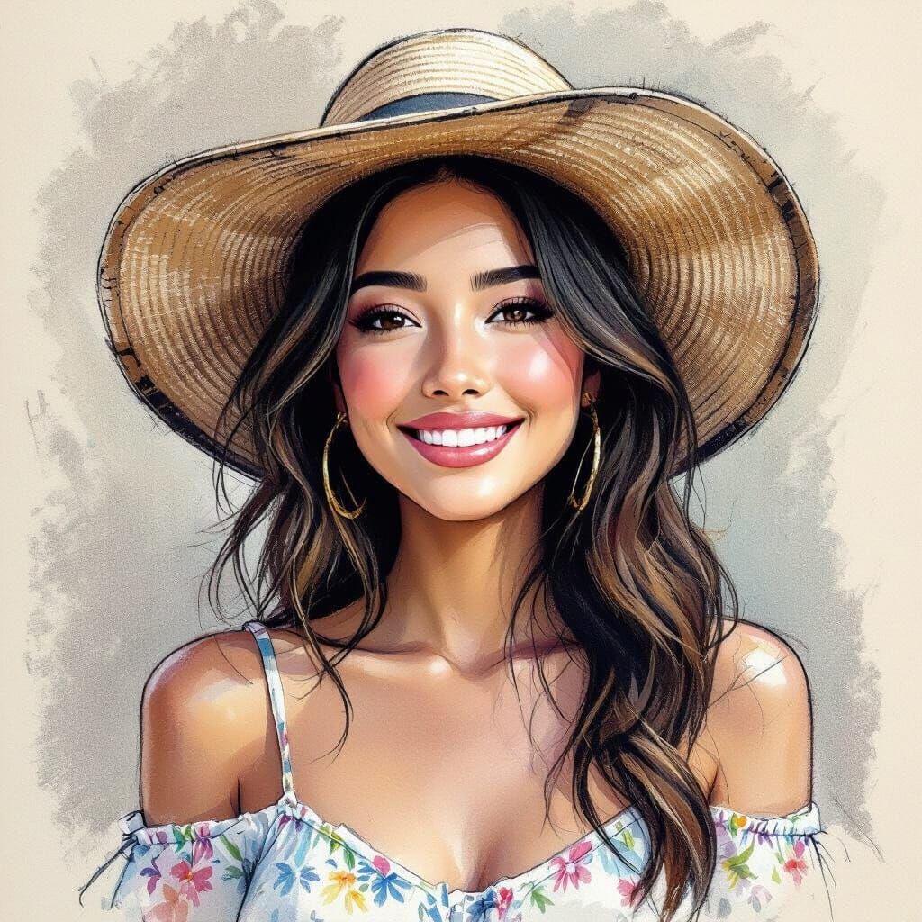 Charcoal Portrait of Woman in Summer Hat