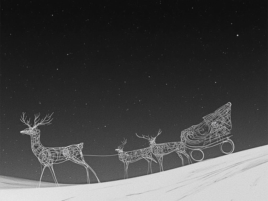 Clockwork Reindeer Pulling Sleigh in Minimalist Line Art Sty...