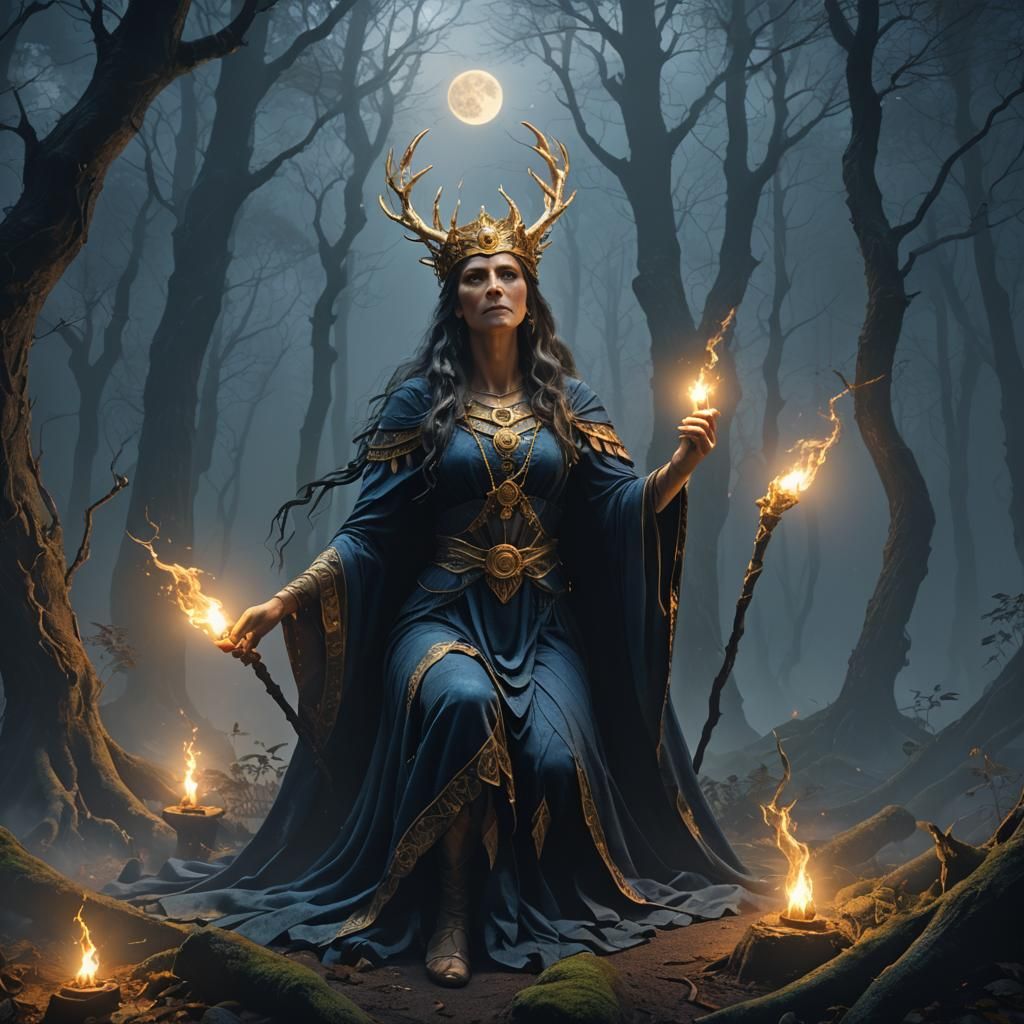 Goddess Hekate in Mystical Forest, Fantasy Art