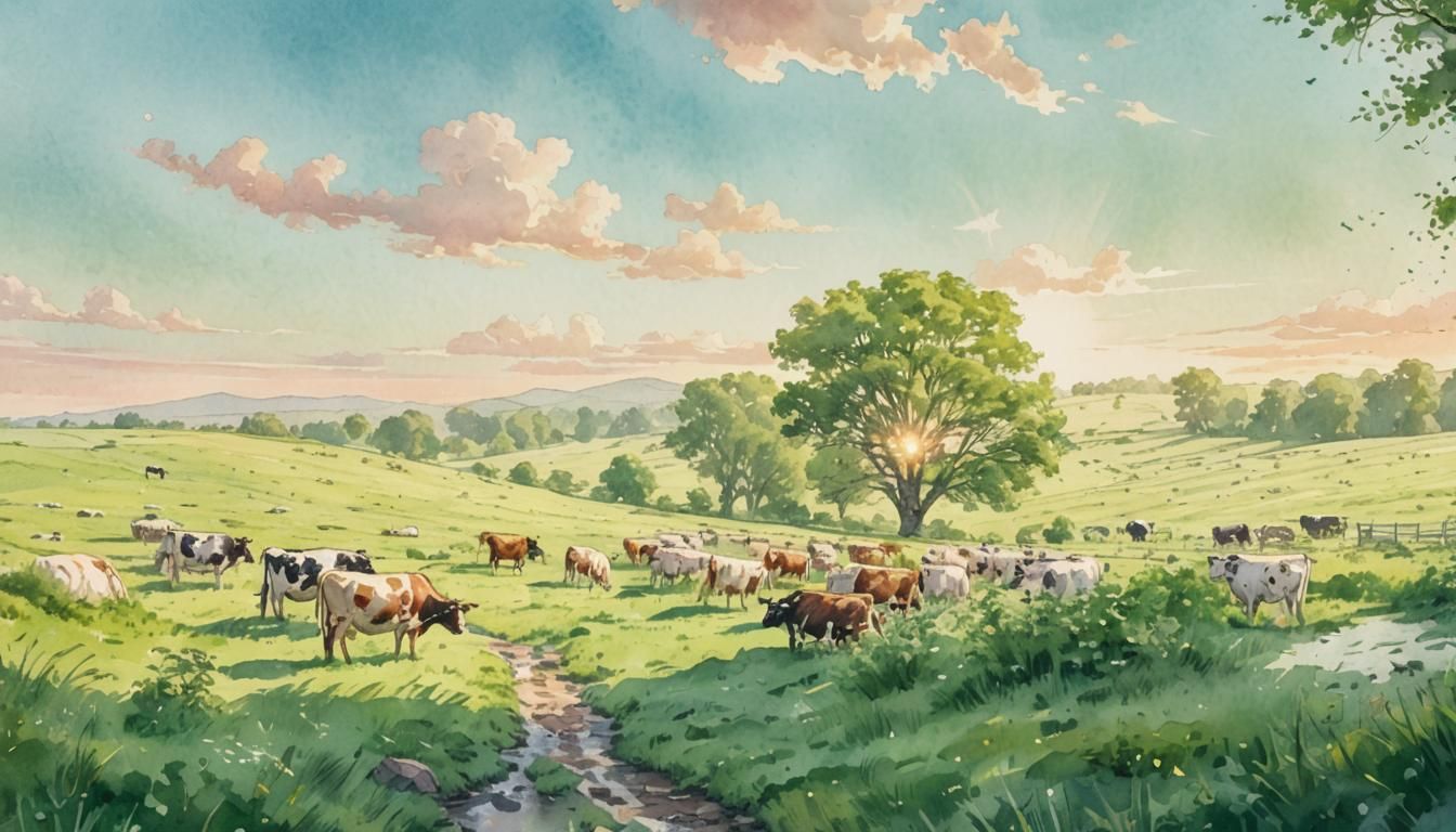 Cows in Meadow: Watercolor Comic Book Art