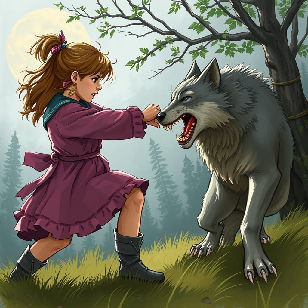 Girl Battles Wolf in the Wilderness