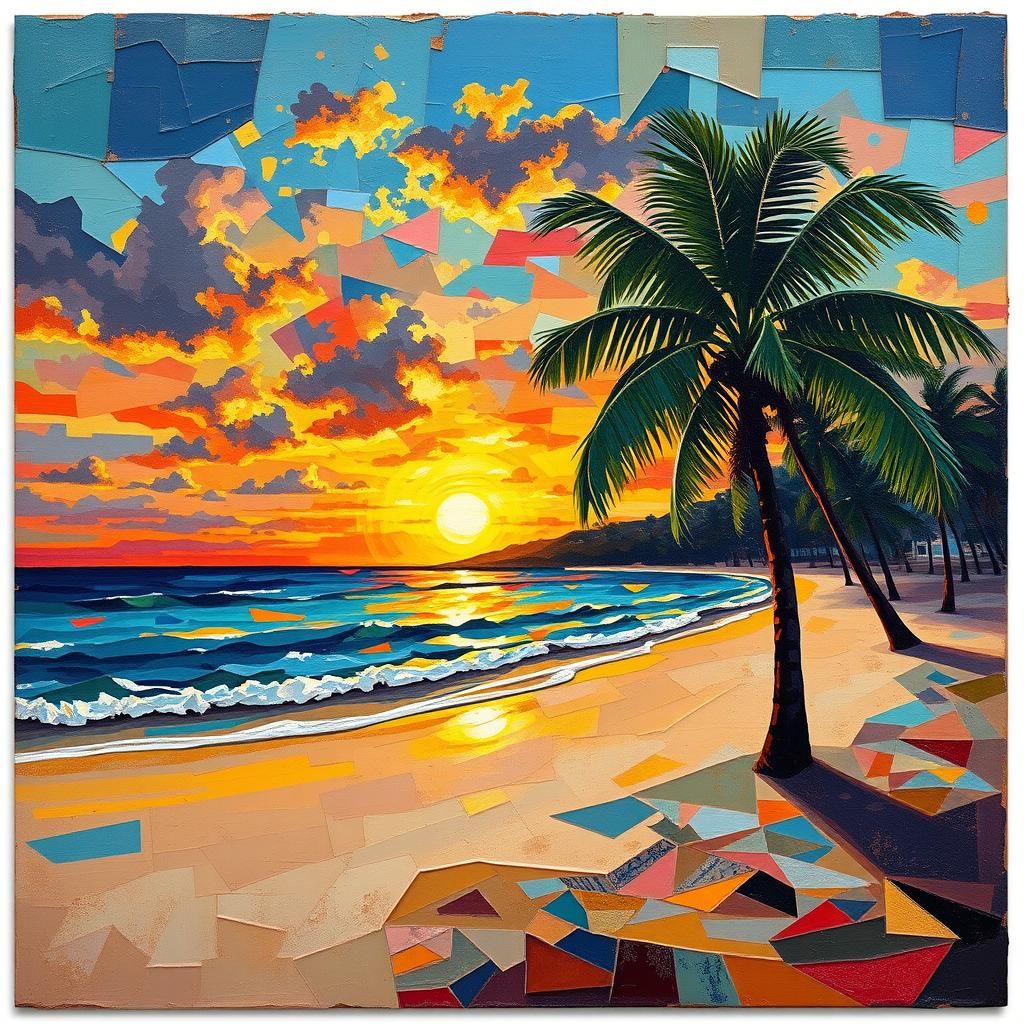 Tropical Beach Sunset in Expressionist Oil Painting Style