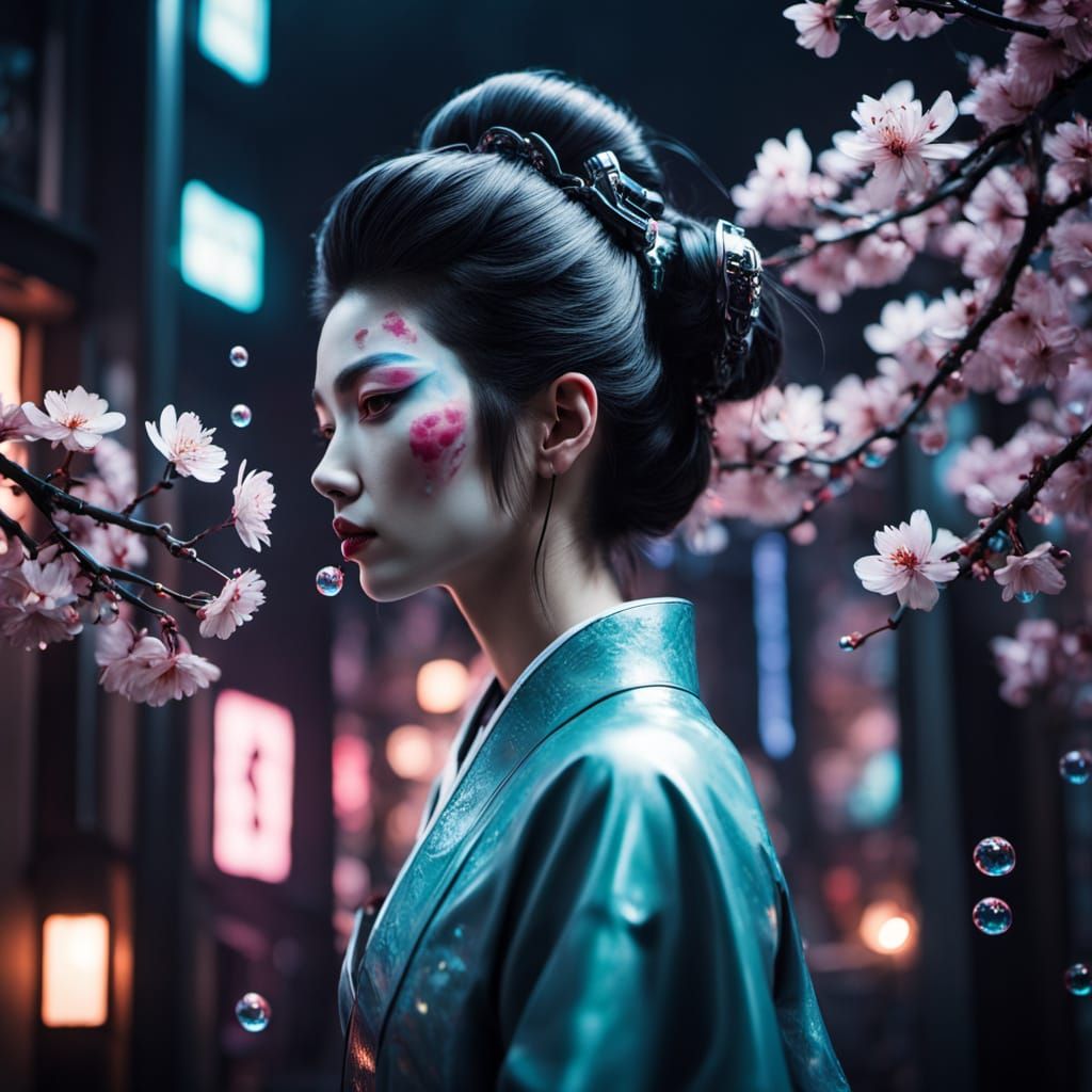 Cyberpunk Geisha Blowing Bubbles in Futuristic Teahouse