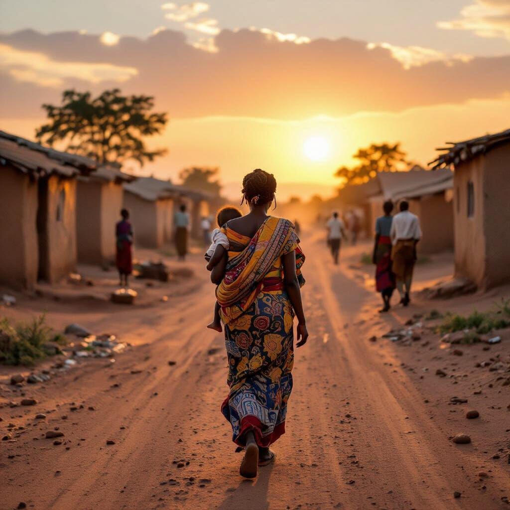African Mother Leaving Village: Emotive 8K Portrait