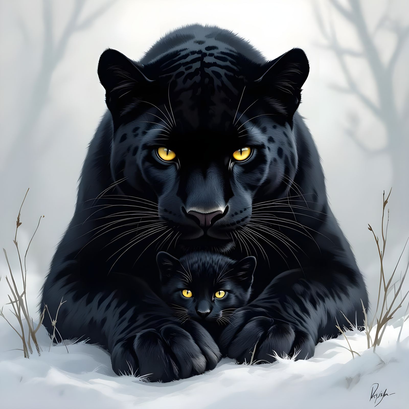 Fierce Black Panther Protecting Cub