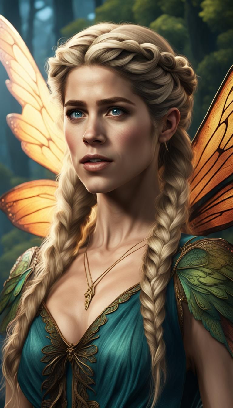 Emily Bett Rickardson as a fairy with long braided hair and beautiful wing