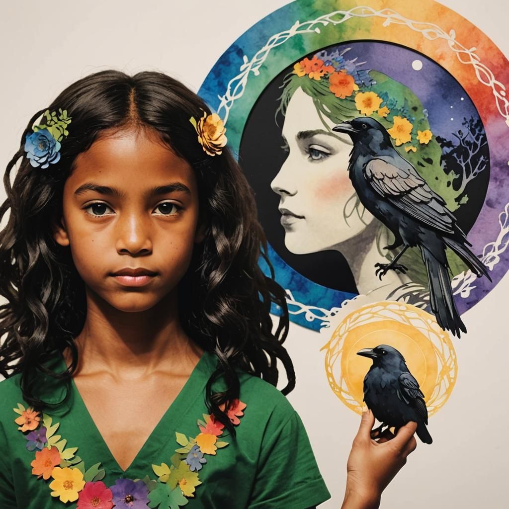 Fairytale Raven Princess Silhouette Cutouts in Impressionist...