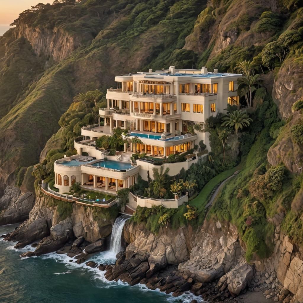 Art Deco Cliffside Mansion at Sunset