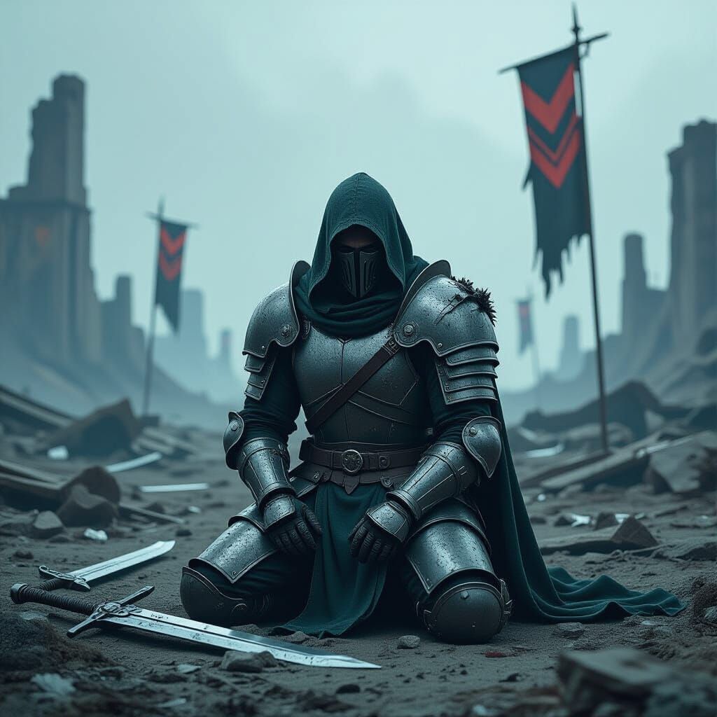 Worn Warrior in Dystopian Cyberpunk Landscape