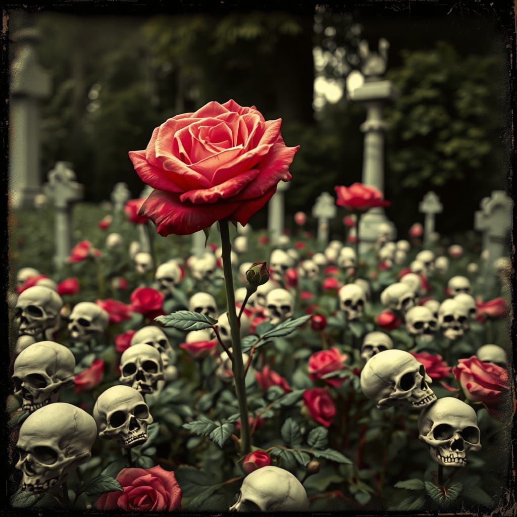 Gothic Cemetery Rose Garden With Tiny Skulls