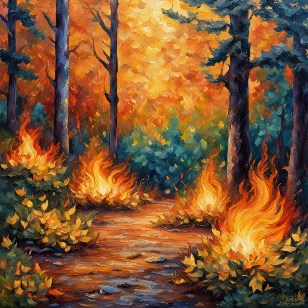 Foxfire Ignites Forest: Neo-Impressionistic Oil Painting