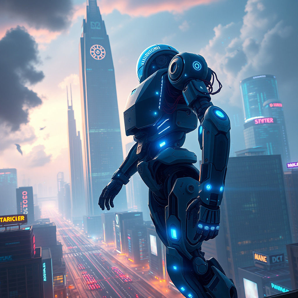 Futuristic AI Cityscape with Humanoid Robot
