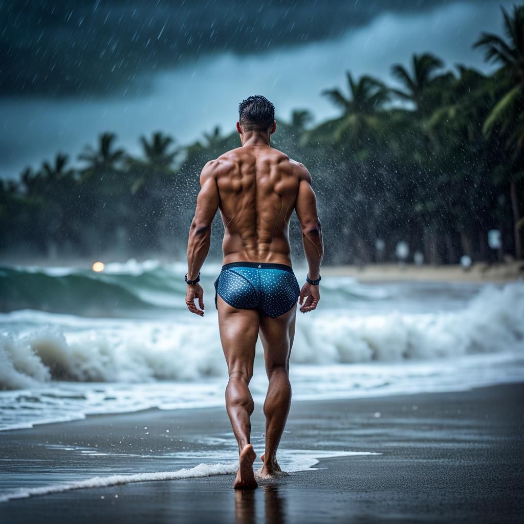 Shirtless Man in Rainstorm on Beach: Hyperrealistic HDR
