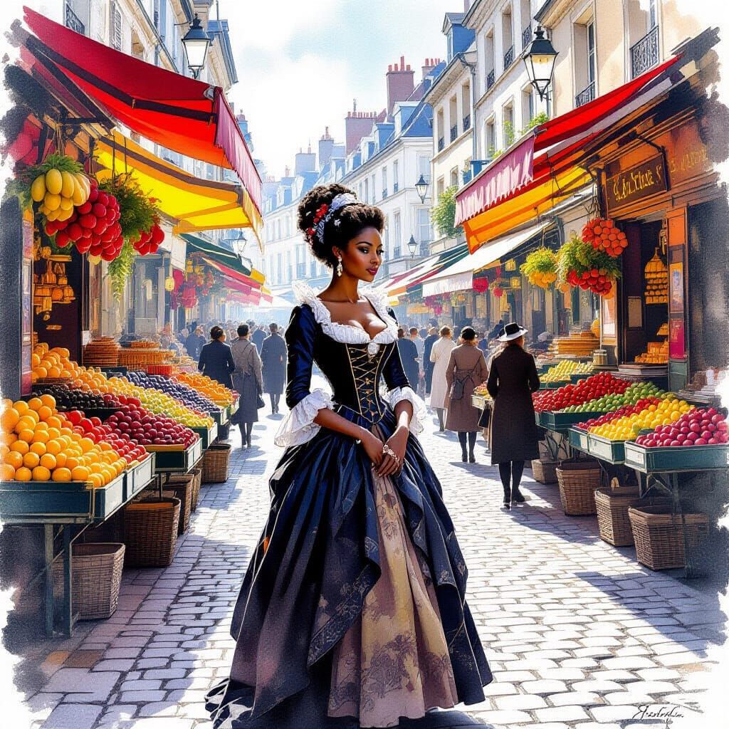 Regal Black Woman in 18th Century Parisian Market Oil Gouach...