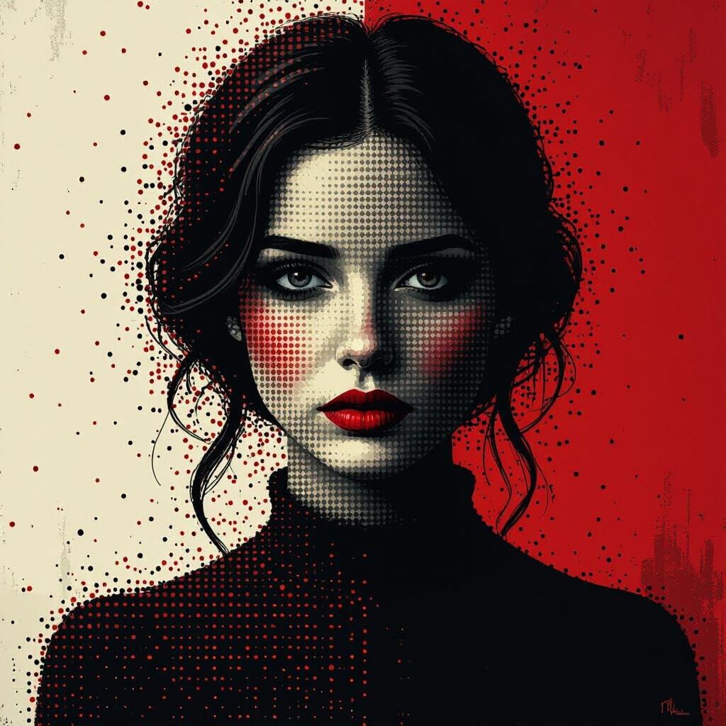 Pointillism Movie Poster: Woman's Face in Red and Black
