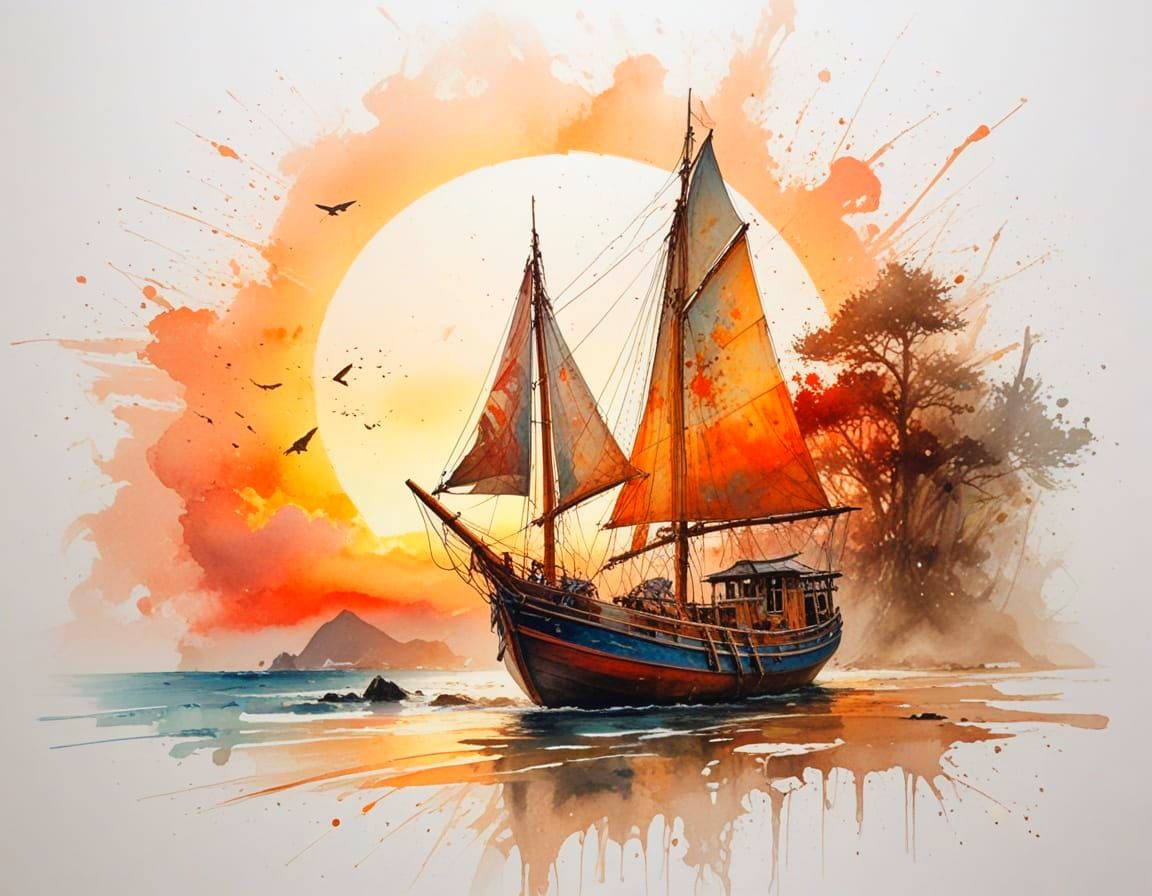 Japanese Coastal Sunset With Fishing Boat and Fiery Sky