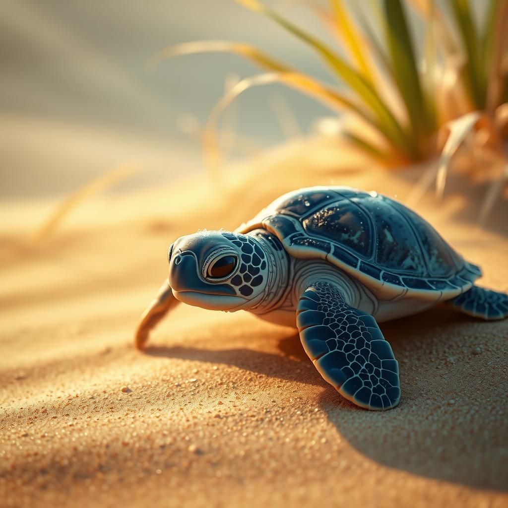 Sea Turtle Hatchling on Golden Sand in Matte Painting Style