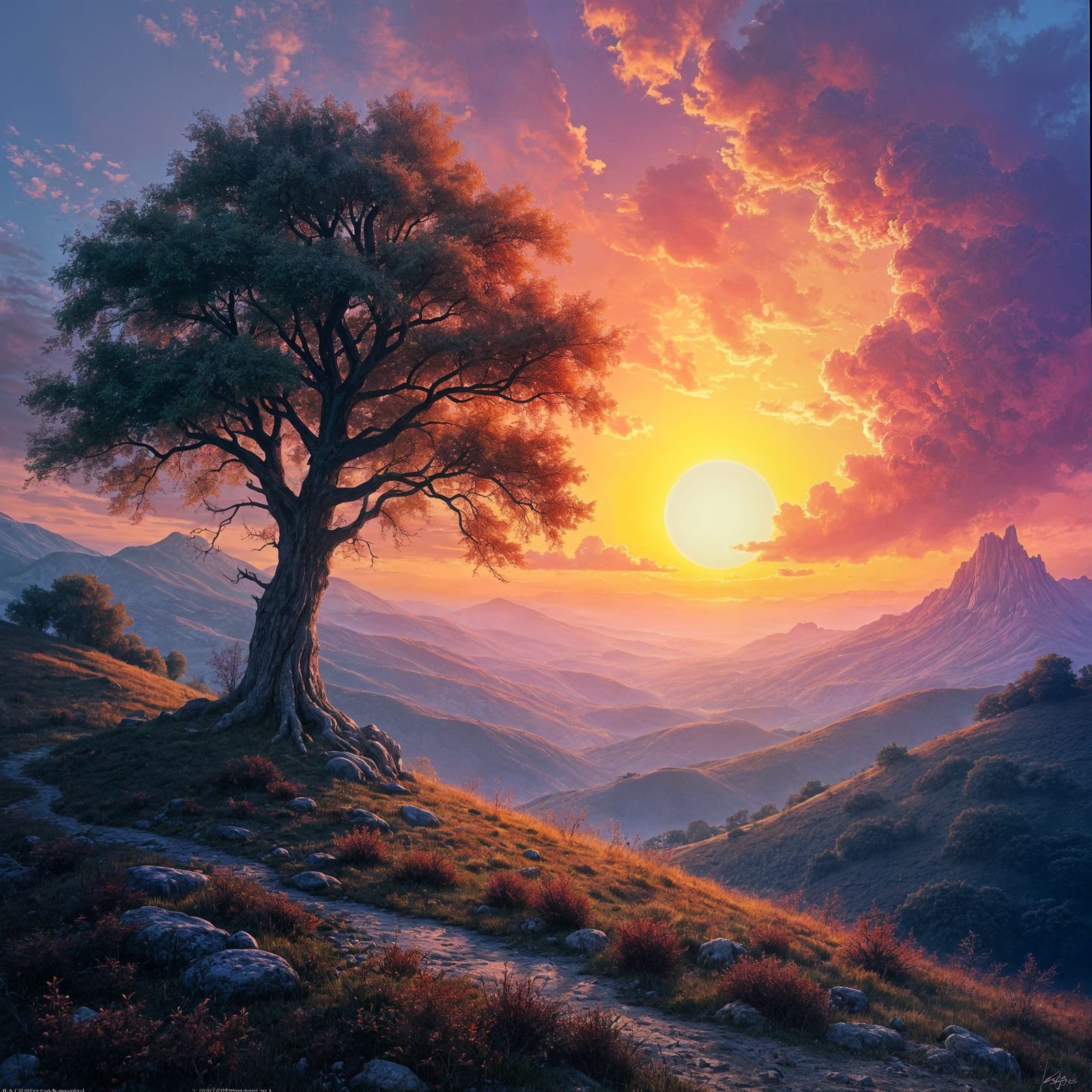 Vibrant Fantasy Masterpiece with Tree in Splendid Sunrise La...