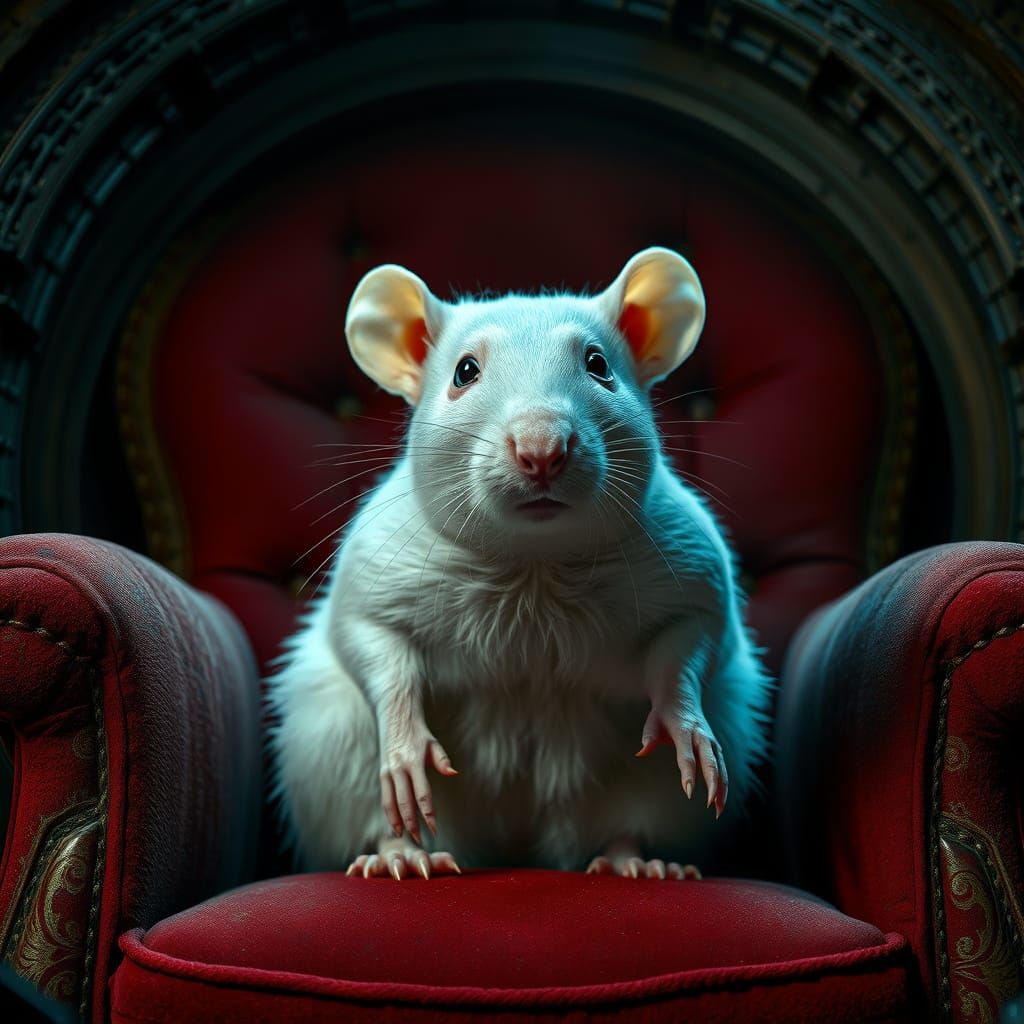 Majestic White Rat in Regal Attire, Sitting on a Worn Red Ar...